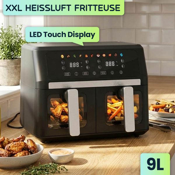 Doppelkorb Heissluftfritteuse 9L Dual Zone Air Fryer – 2x 4,5L Körbe mit Sichtfenster 2400W – LED Touch Display – XXL Heissluft Fritteuse Doppelkammer