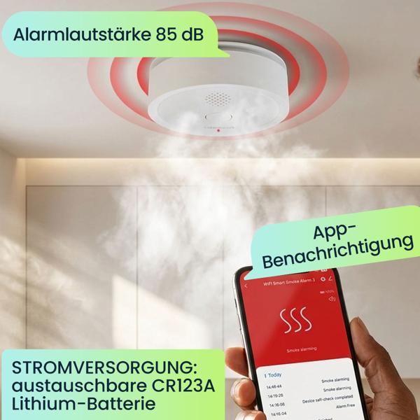 3er Set WLAN Rauchmelder mit App-Benachrichtigung – Smart vernetzter Feuermelder nach EN 14604 mit 85dB Alarm & 5 Jahren CR123A Batterielebensdauer