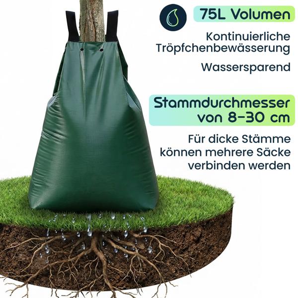 2er-Set Baum-Bewässerungssack 75L Wassersack für Bäume - UV- & Wetterbeständiger PE Wasserbeutel mit Reissverschluss & 2 Ösen - 9h Tröpfchenbewässerung