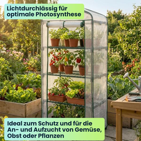 Folien-Gewächshaus 49x69x160 cm mit 4 Ebenen, stabiles Pflanzenanzuchthaus mit PE-Gitterfolie 120gsm, Rolltür, Stahlgestell & Stecksystem für Balkon und Garten