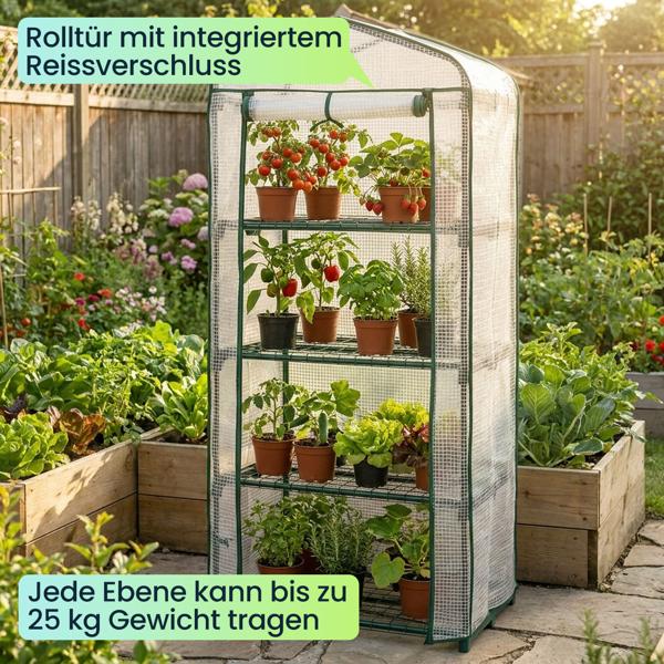 Folien-Gewächshaus 49x69x160 cm mit 4 Ebenen, stabiles Pflanzenanzuchthaus mit PE-Gitterfolie 120gsm, Rolltür, Stahlgestell & Stecksystem für Balkon und Garten