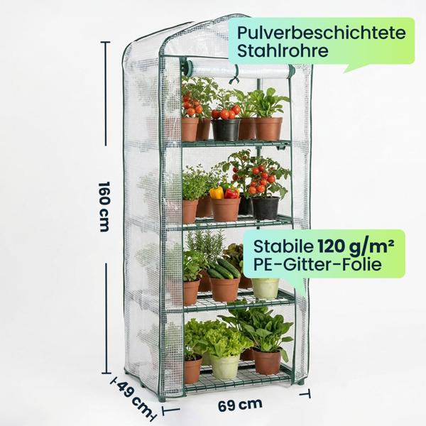 Folien-Gewächshaus 49x69x160 cm mit 4 Ebenen, stabiles Pflanzenanzuchthaus mit PE-Gitterfolie 120gsm, Rolltür, Stahlgestell & Stecksystem für Balkon und Garten