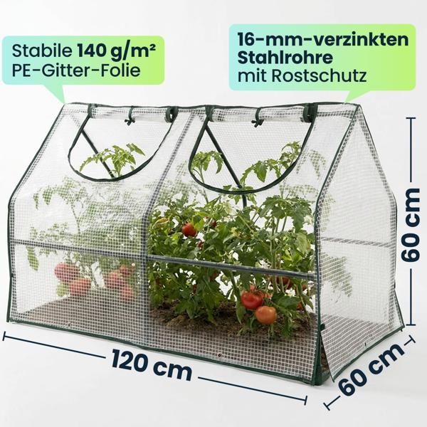 Folien-Gewächshaus 120x60x60 cm, Tomatenhaus mit A-Dach, 16mm verzinkter Stahl, 140g/m² PE-Folie, UV-Schutz & 2 Fenster mit Reissverschluss
