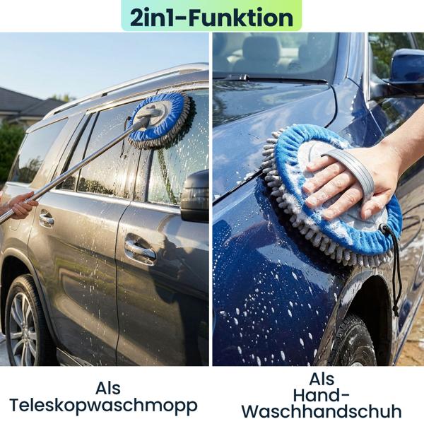 Multifunktions-KFZ Wischmopp mit 160cm Teleskopstange, 180 Grad Gelenk & 2 Chenille Mikrofaser Aufsätzen für PKW, LKW, Wohnmobil & Wohnwagen