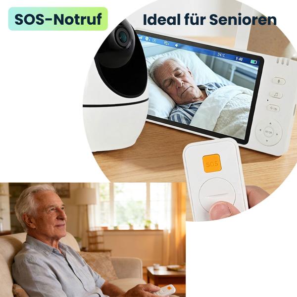 HD Überwachungskamera mit Monitor, schwenk- & neigbar: SOS Funk-Notrufsender, Gegensprechfunktion, Nachtsicht - ideal für Senioren