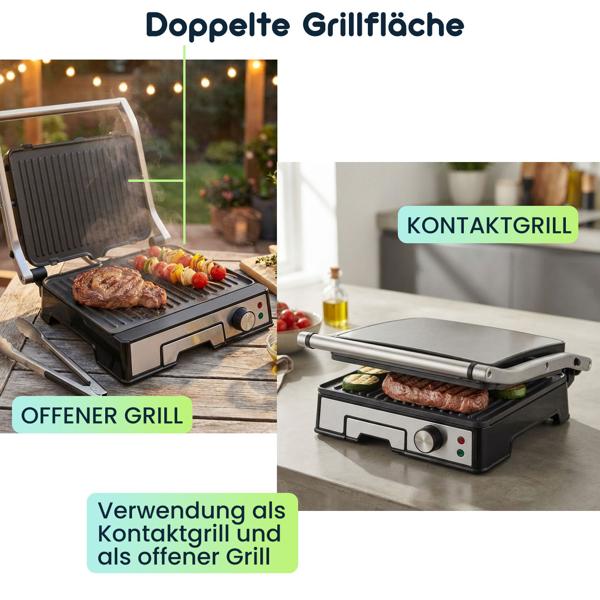 Leistungsstarker Kontaktgrill mit 2000W und Antihaftbeschichtung – Ideal als praktischer Tischgrill für saftige Steaks und Sandwiches