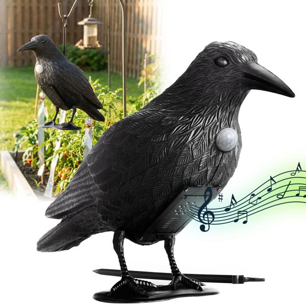 Lot de 2 répulsifs corbeau réalistes contre les oiseaux avec son : épouvantail corbeau à piles pour une lutte efficace contre les oiseaux. Cris de corneille naturels comme moyen de dissuasion