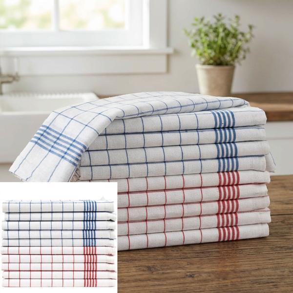 10er-Set Geschirrtücher aus 100% Baumwolle, 50x70 cm - Rot/Blau Kariert - Saugstarke Küchentücher für Haushalt & Gastro, Oeko-Tex, Abtrockentücher