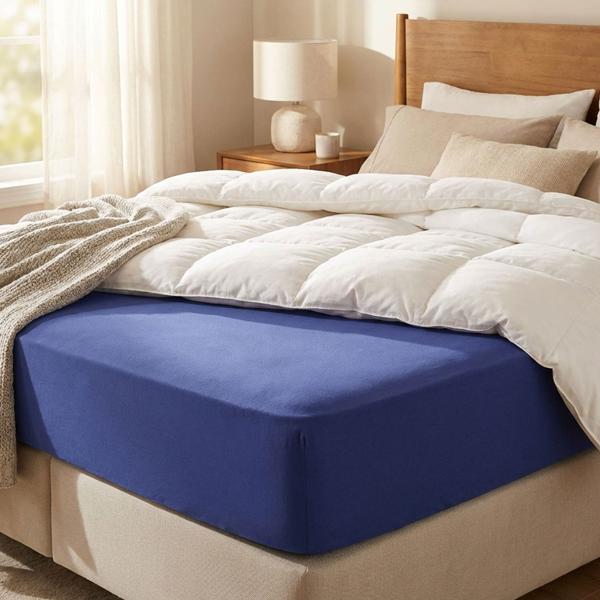 Drap-housse premium pour lit boxspring & lit à eau - navy, 140-160x220 cm - 190 g/m2 coton/élasthanne - bonnet 40 cm - Oeko-Tex - infroissable & doux