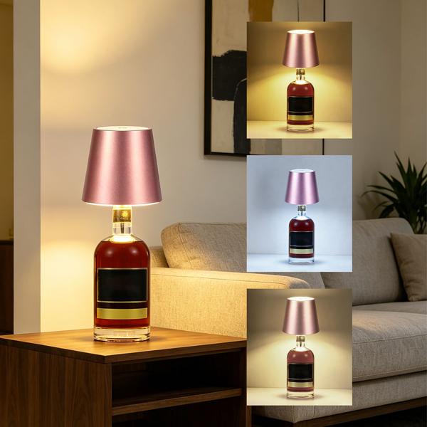 Set da 2 lampade a bottiglia, batteria 8 h: dimmerabili – 3600 mAh – 3 colori di luce, rose gold – illuminazione d’atmosfera – luce per bottiglia con paralume in metallo