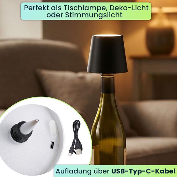 Akku Flaschenlampe mit Power-Akku: Dimmbar - 3600 mAh - 3 Lichtfarben, Schwarz -Stimmungsvolle Beleuchtung - Dekoratives Flaschenlicht mit Metallschirm