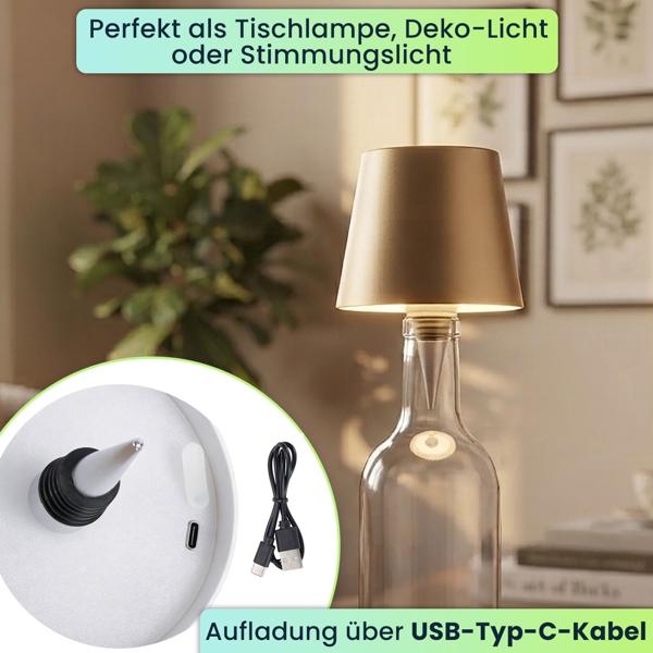 4er-Set Flaschenlampe, 8h Power-Akku: Dimmbar - 3600 mAh - 3 Lichtfarben, Gold -Stimmungsvolle Beleuchtung - Flaschenlicht mit Metallschirm