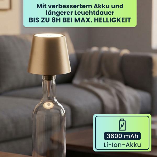 4er-Set Flaschenlampe, 8h Power-Akku: Dimmbar - 3600 mAh - 3 Lichtfarben, Gold -Stimmungsvolle Beleuchtung - Flaschenlicht mit Metallschirm