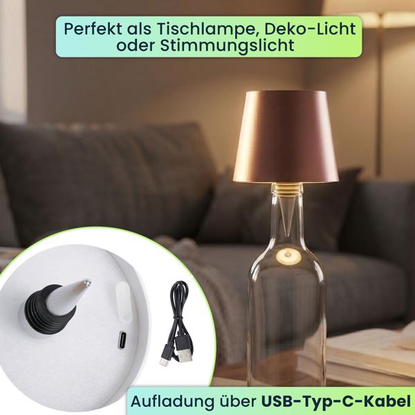 2er-Set Flaschenlampe, 8h Power-Akku: Dimmbar - 3600 mAh - 3 Lichtfarben, Rosegold -Stimmungsvolle Beleuchtung - Flaschenlicht mit Metallschirm