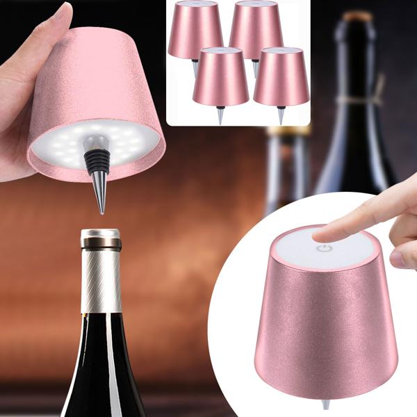 Set da 4 lampade a bottiglia, batteria con 8 h di autonomia: dimmerabili – 3600 mAh – 3 colori di luce, rose gold – illuminazione d’atmosfera – luce per bottiglia con paralume in metallo