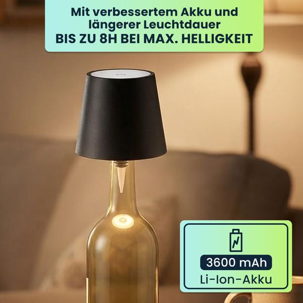 2er-Set Flaschenlampe, 8h Power-Akku: Dimmbar - 3600 mAh - 3 Lichtfarben, Schwarz -Stimmungsvolle Beleuchtung - Flaschenlicht mit Metallschirm
