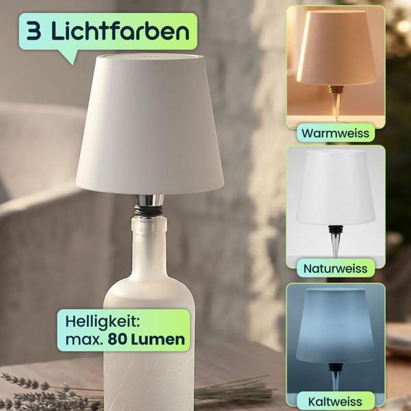 2er-Set Flaschenlampe, 8h Power-Akku: Dimmbar - 3600 mAh - 3 Lichtfarben, Weiss -Stimmungsvolle Beleuchtung - Dekoratives Flaschenlicht mit Metallschirm