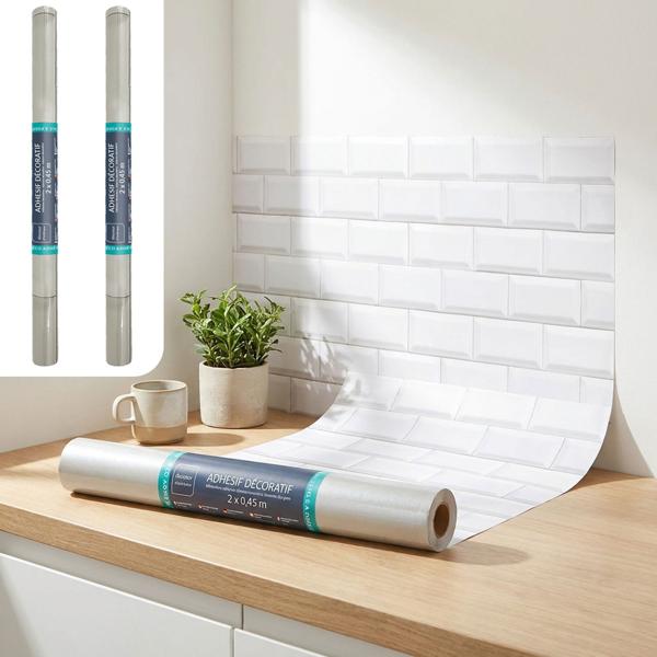 2er-Set Stilvolle Klebefolie in Backsteinoptik, weiss – Hochwertige Dekofolie, selbstklebend, 45cmx200cm