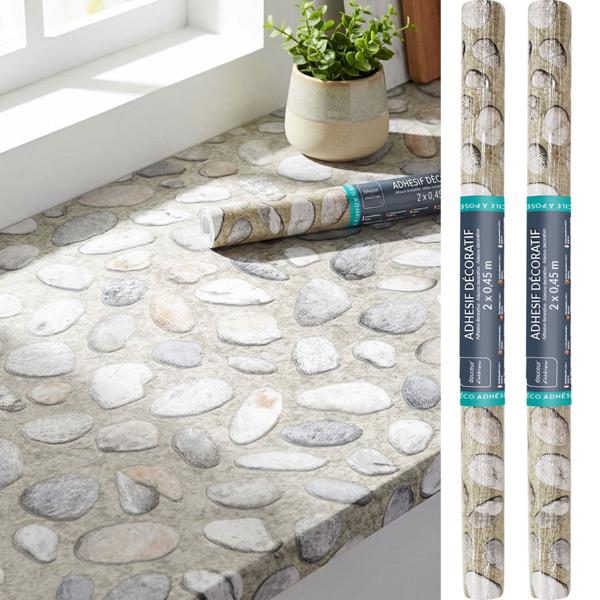 Set de 2 films adhésifs modernes motif galets, gris – film décoratif de haute qualité, auto-adhésif, 45 cm x 200 cm