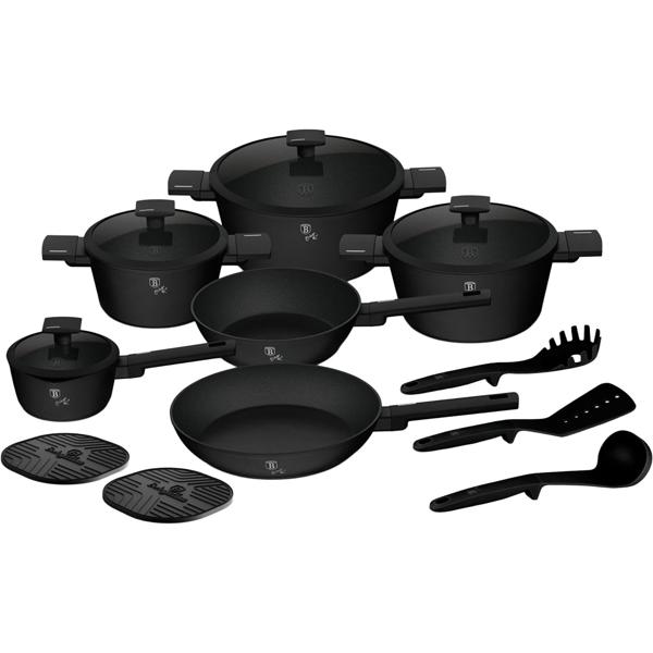 Set de cuisson 15 pièces noir mat – batterie induction avec poêles & casseroles à manche – sans substances nocives, sans PFOA avec couvercles en verre
