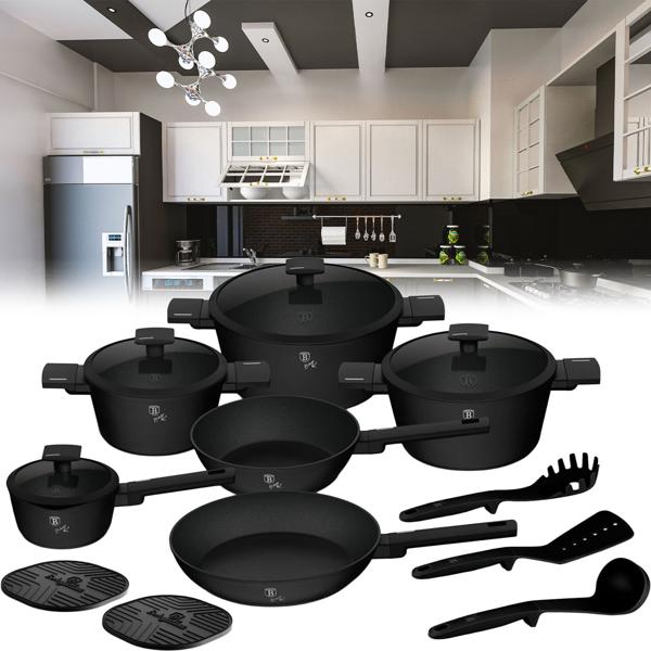 Set de cuisson 15 pièces noir mat – batterie induction avec poêles & casseroles à manche – sans substances nocives, sans PFOA avec couvercles en verre