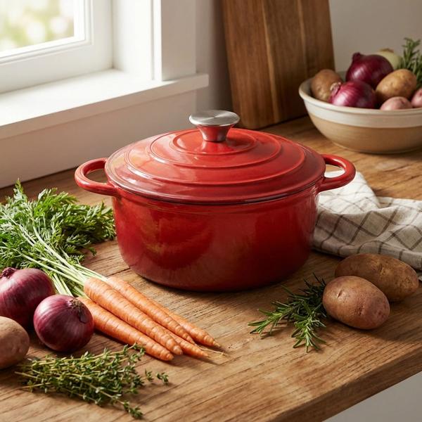 Set de casseroles en fonte premium 3 pièces rouge – set de faitouts émaillés avec couvercle (17 cm, 22 cm & 28 cm) – idéal pour l’induction, le four et tous types de tables de cuisson