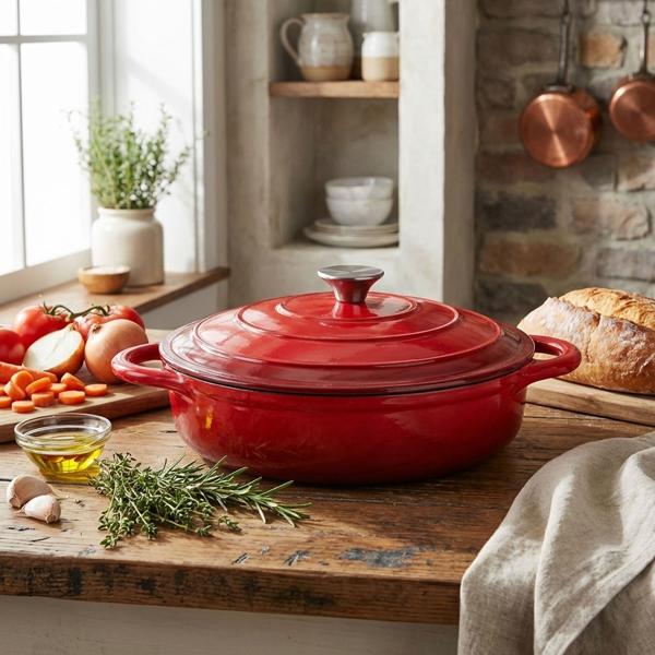 Set de casseroles en fonte premium 3 pièces rouge – set de faitouts émaillés avec couvercle (17 cm, 22 cm & 28 cm) – idéal pour l’induction, le four et tous types de tables de cuisson