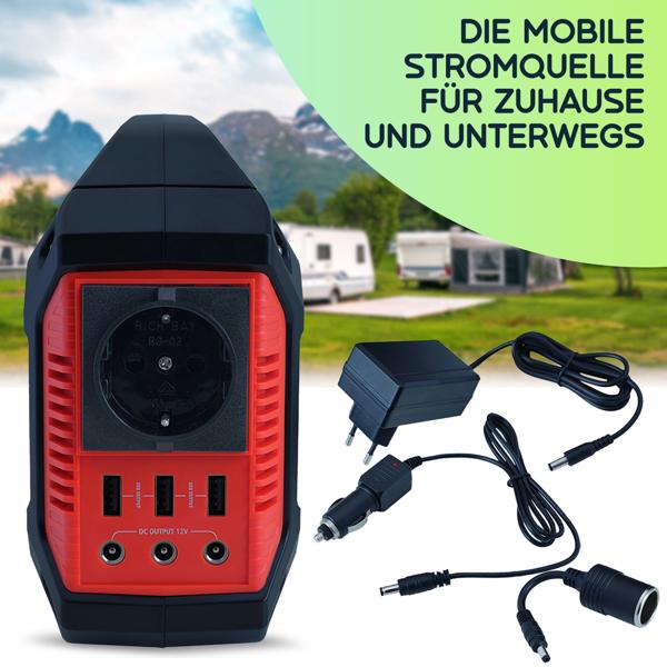 Tragbare Powerstation & Solar-Generator, 155 Wh, 180 Watt, Akku mit 230V & 12V, Leuchte, USB, Reise, Camping, Notstrom