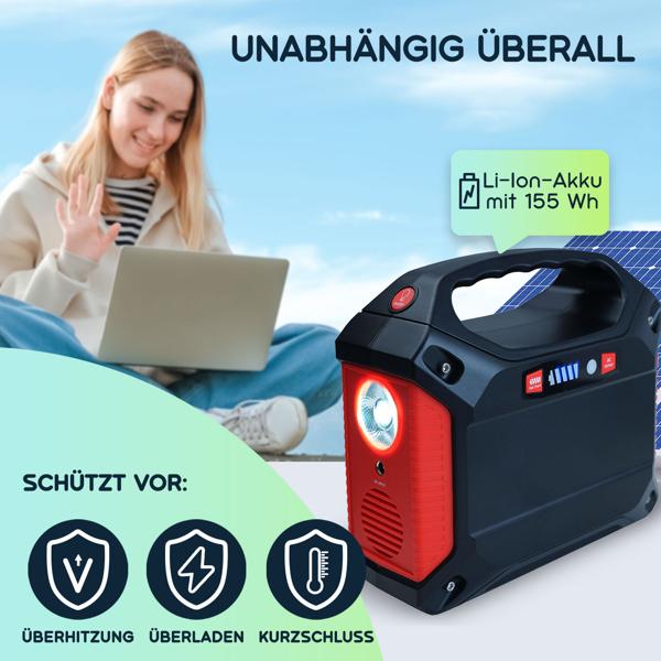 Tragbare Powerstation & Solar-Generator, 155 Wh, 180 Watt, Akku mit 230V & 12V, Leuchte, USB, Reise, Camping, Notstrom