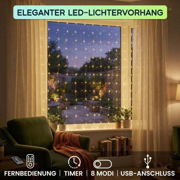 2er-Set Eleganter LED-Lichtervorhang 3x3m, je 300 warmweisse LEDs: Fernbedienung, 8 Modi, Dimmbar, Timer & USB, für Party, Hochzeit & Wohndeko