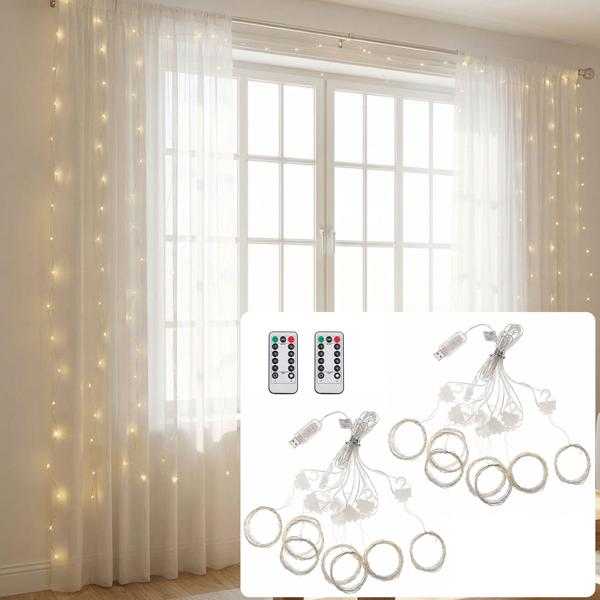 2er-Set Eleganter LED-Lichtervorhang 3x3m, je 300 warmweisse LEDs: Fernbedienung, 8 Modi, Dimmbar, Timer & USB, für Party, Hochzeit & Wohndeko