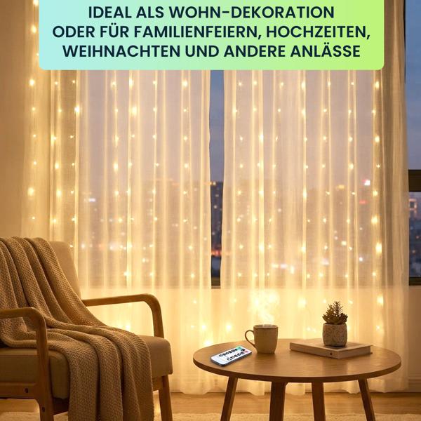 2er-Set Eleganter LED-Lichtervorhang 3x3m, je 300 warmweisse LEDs: Fernbedienung, 8 Modi, Dimmbar, Timer & USB, für Party, Hochzeit & Wohndeko