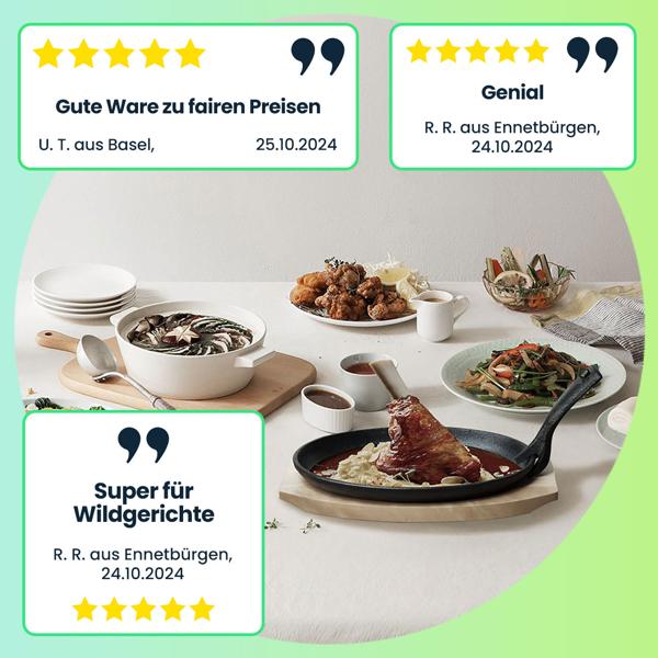 Massive Profi Servierpfanne aus Gusseisen mit Holz-Untersetzer, 24 x 14 x 2,2 cm, Abnehmbarer Griff bis 230 °C hitzebeständig 