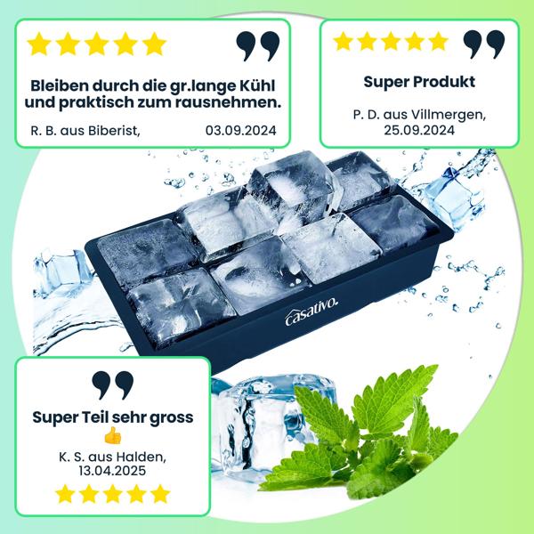 XXL Silikon Eiswürfelform (8 Fächer, 5x5cm): Grosse Eiswürfel, 1 Liter Füllmenge – BPA-freie, langlebige & wiederverwendbare Eiswürfelform