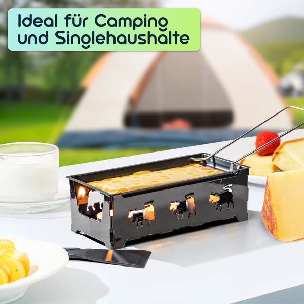 Teelicht-Raclette für 1-2 Personen, Raclette Set ohne Strom inkl. Teelichtern & Schaber, Metall mit originell ausgestanzten Kühen, antihaftbeschichtet