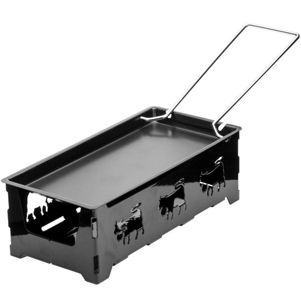 Raclette-Teelicht für 1 Person, Raclette Set ohne Strom inkl. Teelichtern und Schaber, Metall mit originell ausgestanzten Kühen, antihaftbeschichtet