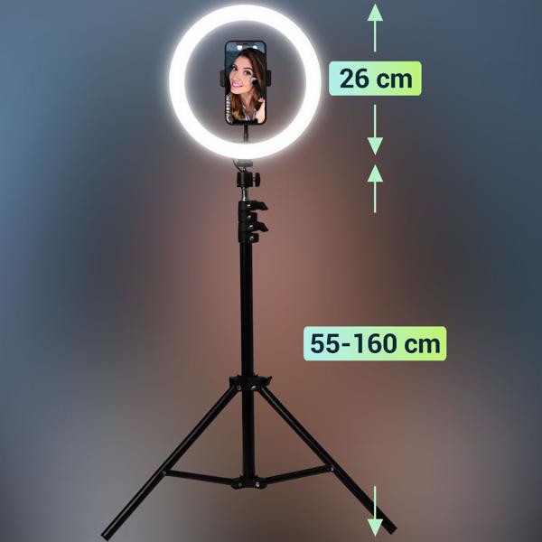 Professionelles LED-Ringlicht, Stativ-Ständer und Smartphone-Halterung, Fernauslöser, Ø 10" / 25 cm, App, für Youtube, TikTok, Make-Up, Live-Stream