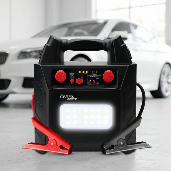 Booster de démarrage 5 en 1 (2000 A), 12 V/24 V avec batterie 40 Ah – démarreur portable avec prise 230 V, sortie 12 V et lampe LED