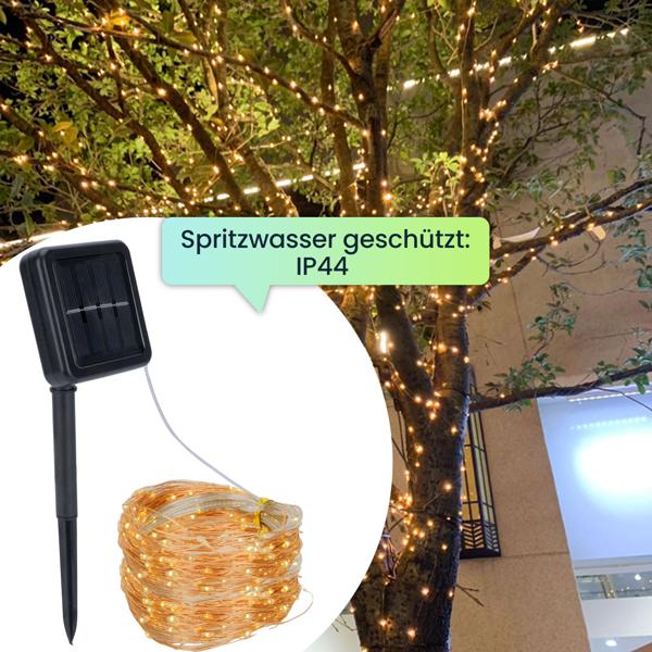 Solar Kupferdraht Lichterkette 22m, 200 warmweisse LEDs, IP44 – Perfekt für Garten, Balkon oder Terrasse