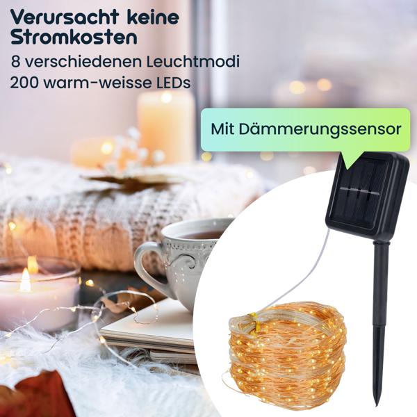 Solar Kupferdraht Lichterkette 22m, 200 warmweisse LEDs, IP44 – Perfekt für Garten, Balkon oder Terrasse