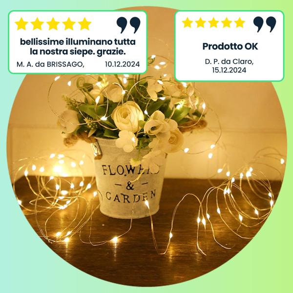 Luci solari in filo di rame 22 m, 200 LED bianchi caldi, IP44 - Perfette per il giardino, il balcone o la terrazza