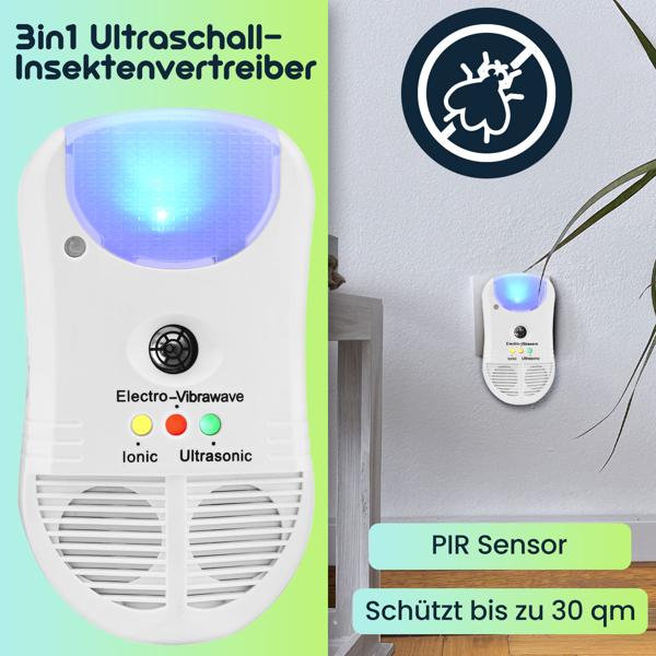 3in1 Ultraschall Insektenvertreiber mit Ionen Luftreiniger und PIR Sensor Nachtlicht, praktisch für die Steckdose, schützt bis zu 30 qm, 3 Kontroll LEDs