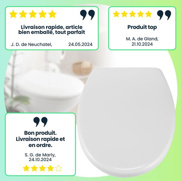 Abattant WC ovale universel blanc - Frein de chute silencieux - Déclipsable 41,5 x 37 cm - Compatible majorité cuvettes - Facile à nettoyer