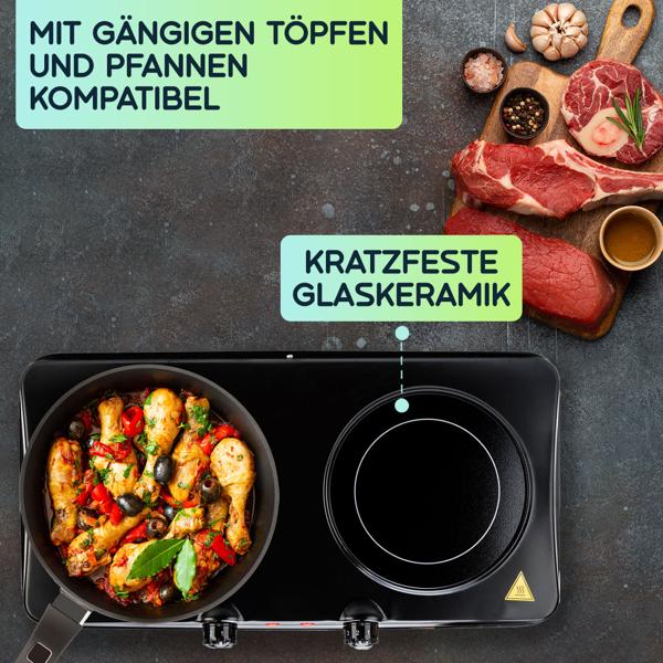 Glaskeramik Doppelkochplatte, 2 Kochfelder 16,4 & 18,8 cm, mobil - tragbar, 2.000 W, schnelles Aufheizen, ideal für Camping, Garten und Zuhause 