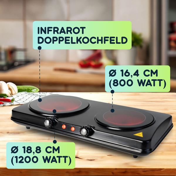Glaskeramik Doppelkochplatte, 2 Kochfelder 16,4 & 18,8 cm, mobil - tragbar, 2.000 W, schnelles Aufheizen, ideal für Camping, Garten und Zuhause 