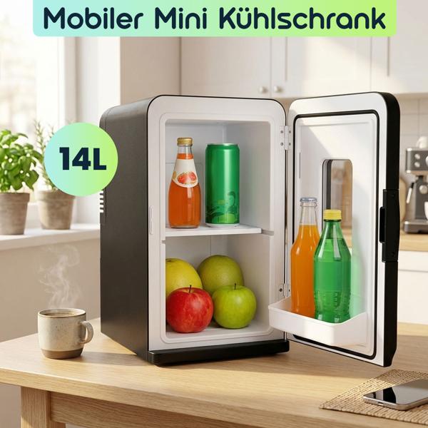 Mobiler Mini Kühlschrank 14L mit Kühl- und Wärmfunktion - Kleiner Auto Kühlschrank 12V 230V, Mini Fridge mit Sichtfenster & Tragegriff, Schwarz