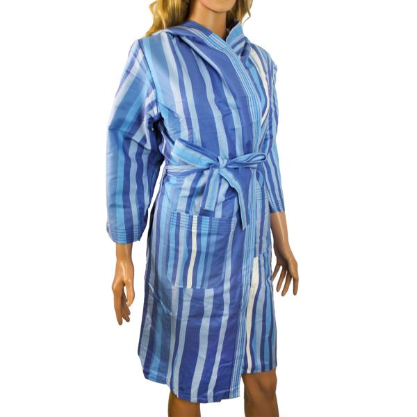 Peignoir microfibre extra-léger avec capuche - Idéal sport, voyage, piscine, sauna - Bleu rayé, Taille M, 80% polyester, 20% polyamide, 500g