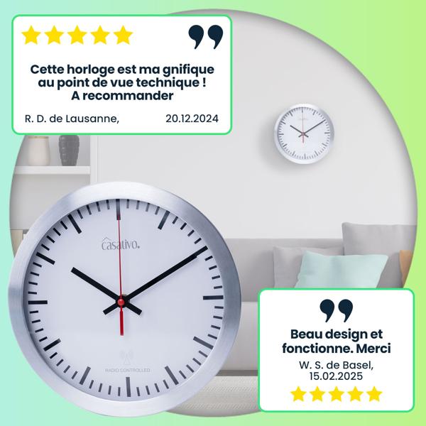 Horloge Murale Radio-Pilotée - Mouvement Quartz Silencieux - Design Moderne Élégant Aluminium Brossé Ø 25 cm - Heure DCF Automatique Été/Hiver