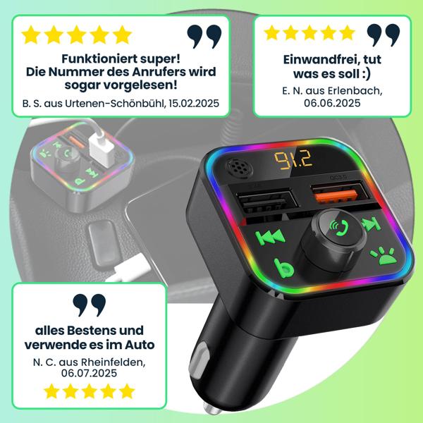 FM Transmitter mit Bluetooth 5, USB-A Ladeports und Freisprechfunktion, Drahtloser Auto Radio Adapter m. Media Player für den Zigarettenanzünderanschluss