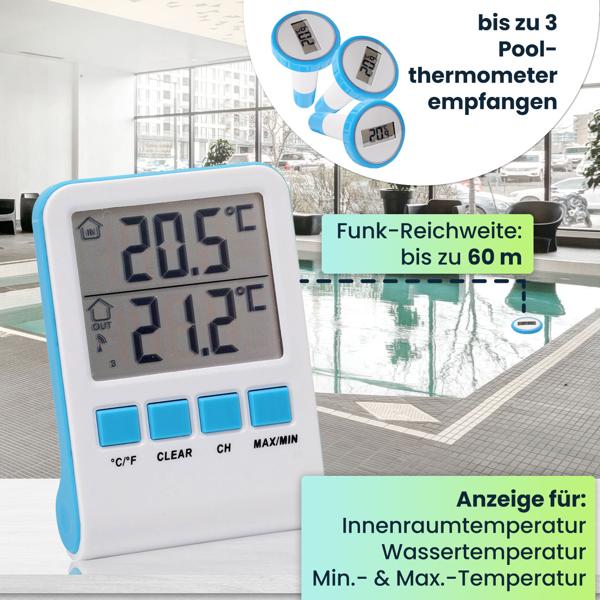 Digitales Funk-Poolthermometer - Präziser IPX8 Sender, grosse LCD-Basisstation - Wassertemperatur Pool/Teich - bis zu 3 Thermometer, -20 bis +60 °C